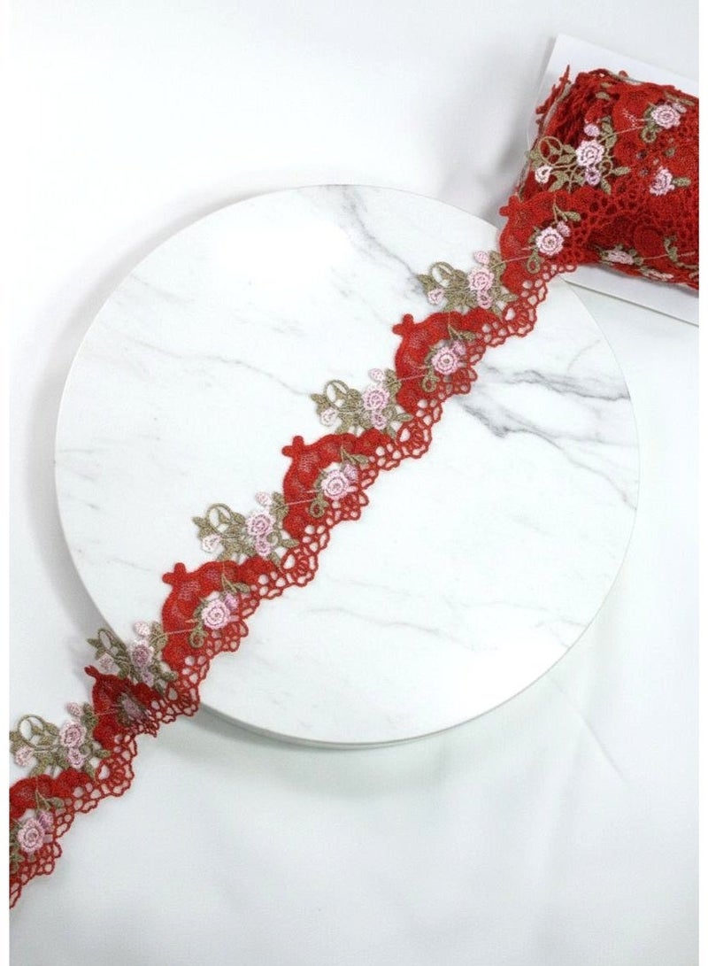 5 Yards Crimson Red Luxury Floral Embroidery Lace Trim - Intricate Scalloped Rose Border for DIY Sewing, Fashion Apparel, and Home Decor Accents - Image 1
